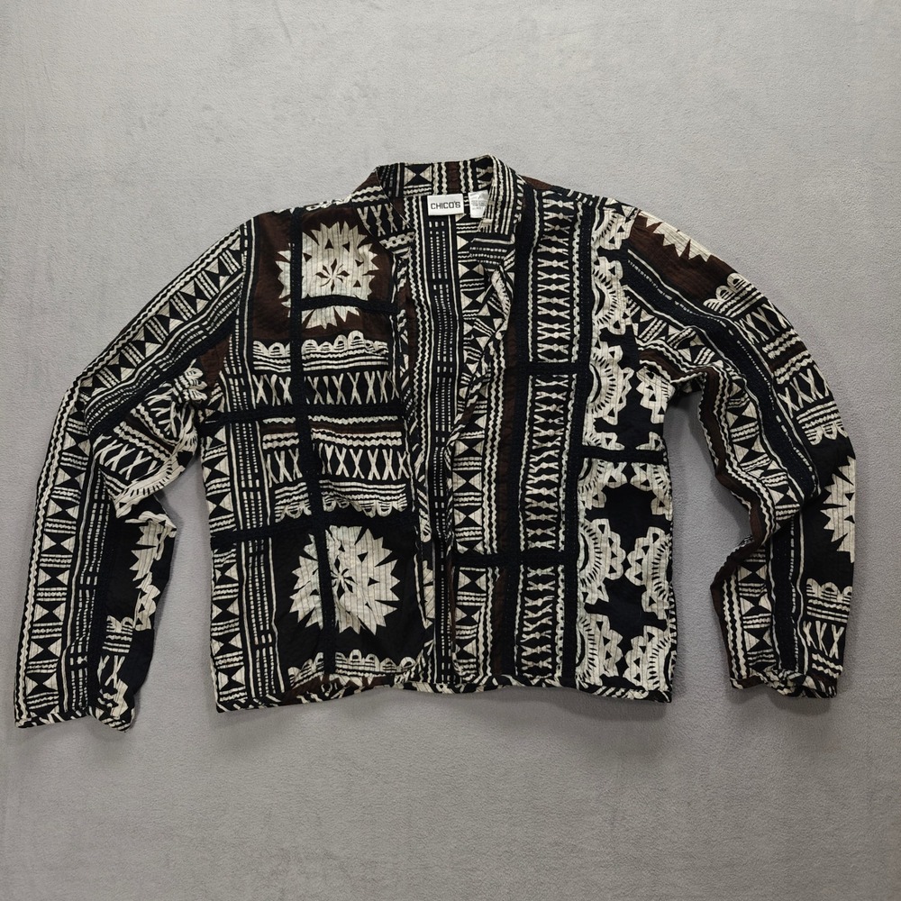 Vintage Chico's Embroidered Jacket Women Size 1 Open Front Aztec Boho Artsy